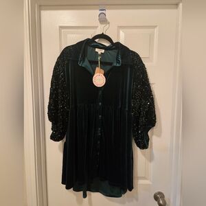 Umgee GREEN Velvet Dress with Sequin Puff Sleeves